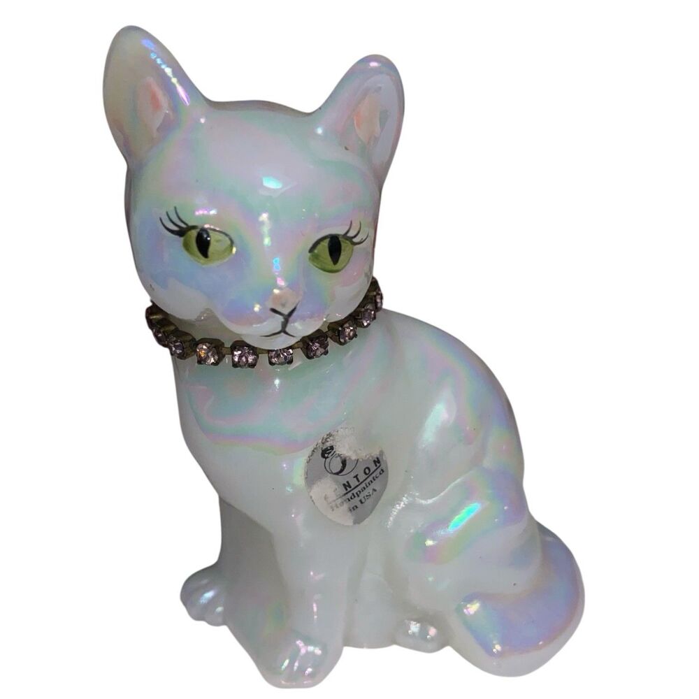 Fenton Opalescent Cat Figurine with  Purple Collar Signed Hand Painted